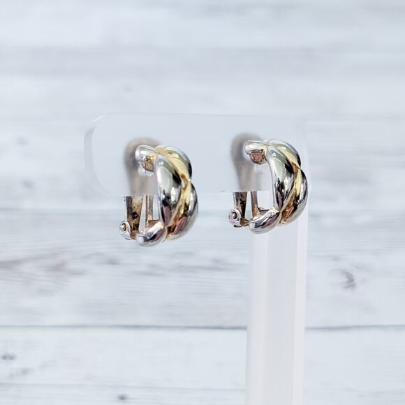 Vintage NJY Clip On Earrings Multi Tone Half Hoop 0.75" - Picture 2 of 12